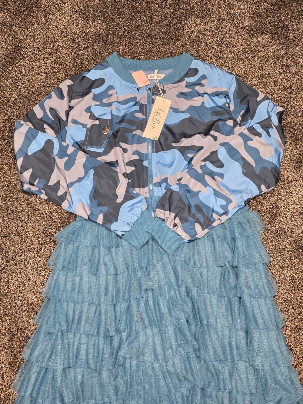 NWT La' Ros Blue Camo Bomber Jacket Tulle Dress Size S Ruffled Tiered Hybrid